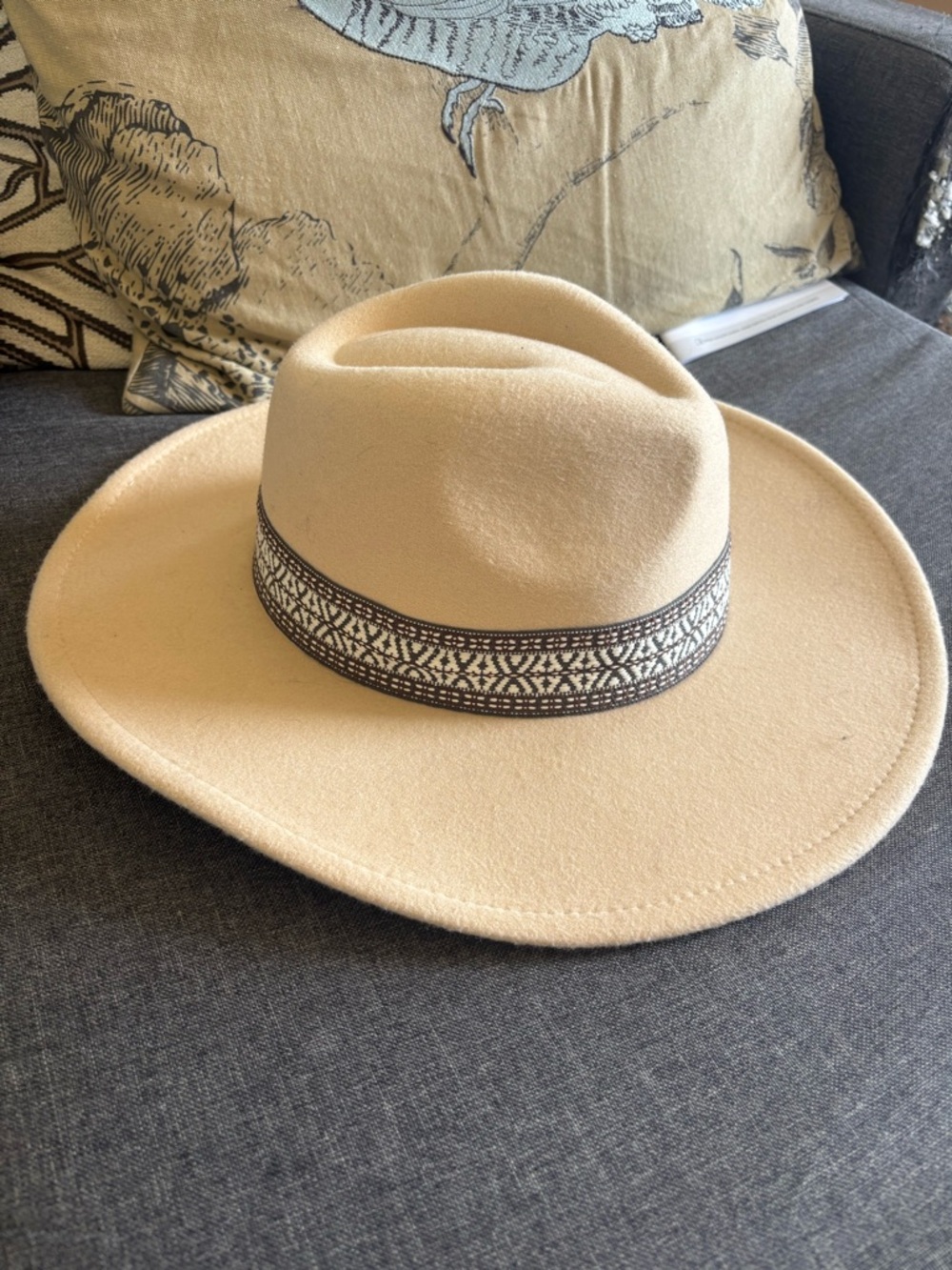 Wide Brim Wool Felt Fedora Hat with Patterned Band - Beige